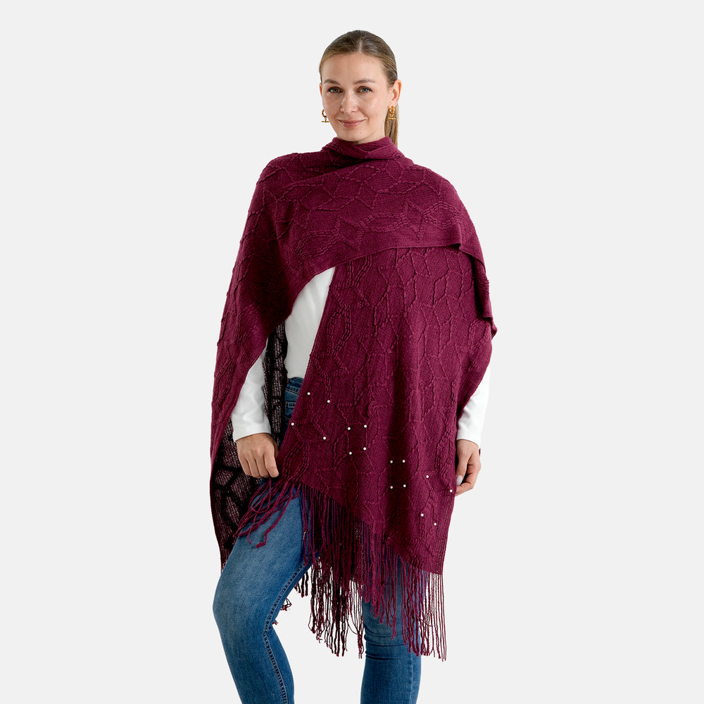 & Maisi Acrylic Patterned Poncho (Size - One Size) - Burgundy_8701439_3