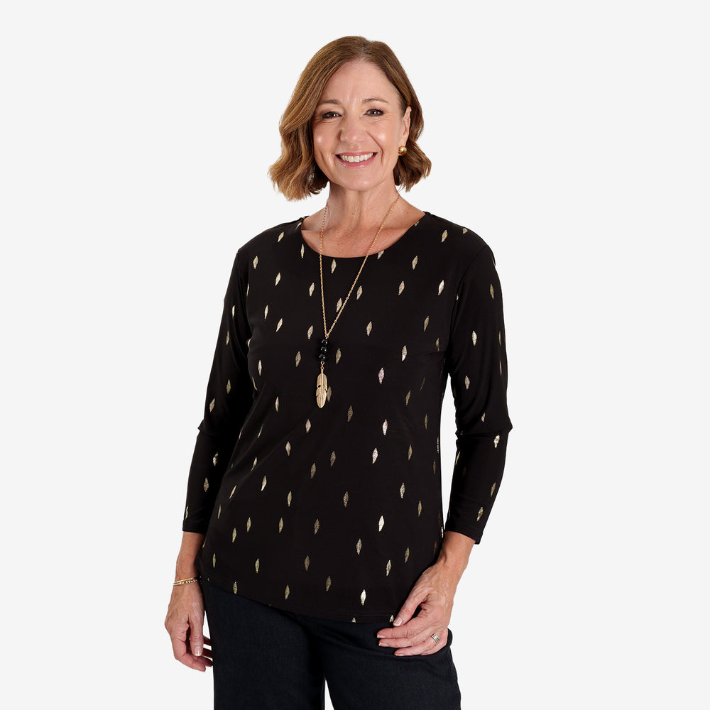 Anonymous Luxe Collection: Gold Leaf Foil-Printed Long Sleeve Top with Gold Necklace (Size L, 16-18) - Black_8704829