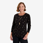 Anonymous Luxe Collection: Gold Leaf Foil-Printed Long Sleeve Top with Gold Necklace (Size L, 16-18) - Black_8704829