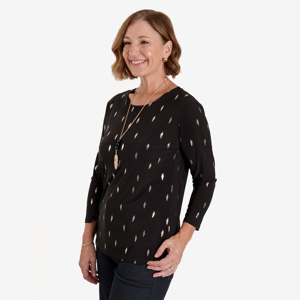 Anonymous Luxe Collection: Gold Leaf Foil-Printed Long Sleeve Top with Gold Necklace (Size L, 16-18) - Black_8704829_1