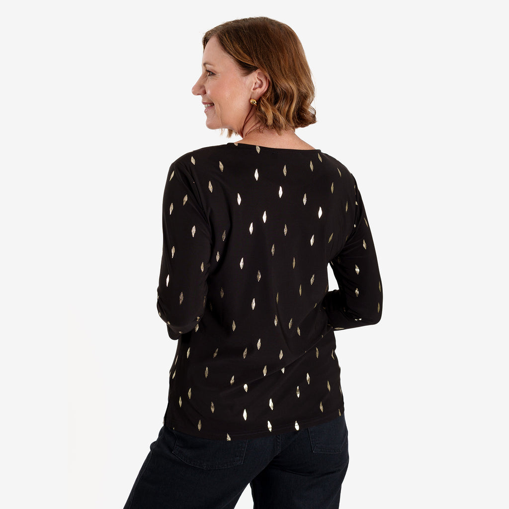 Anonymous Luxe Collection: Gold Leaf Foil-Printed Long Sleeve Top with Gold Necklace (Size L, 16-18) - Black_8704829_2