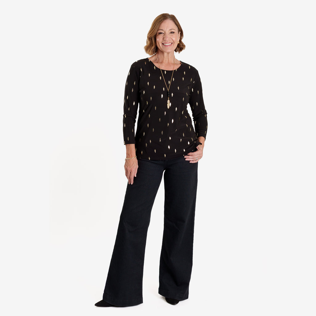 Anonymous Luxe Collection: Gold Leaf Foil-Printed Long Sleeve Top with Gold Necklace (Size L, 16-18) - Black_8704829_3