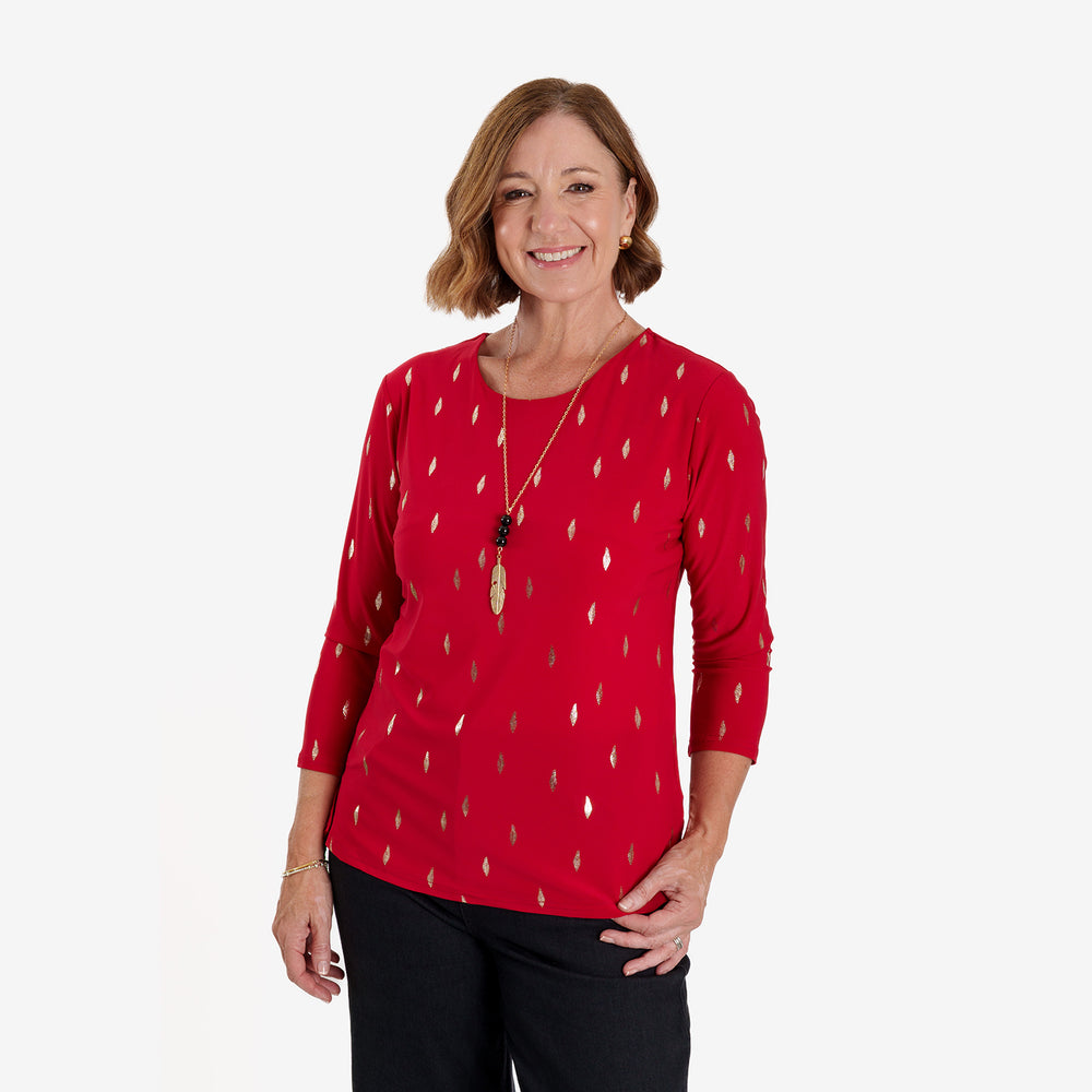 Anonymous Luxe Collection: Gold Leaf Foil-Printed Long Sleeve Top with Gold Necklace (Size L, 16-18) - Red_8704833