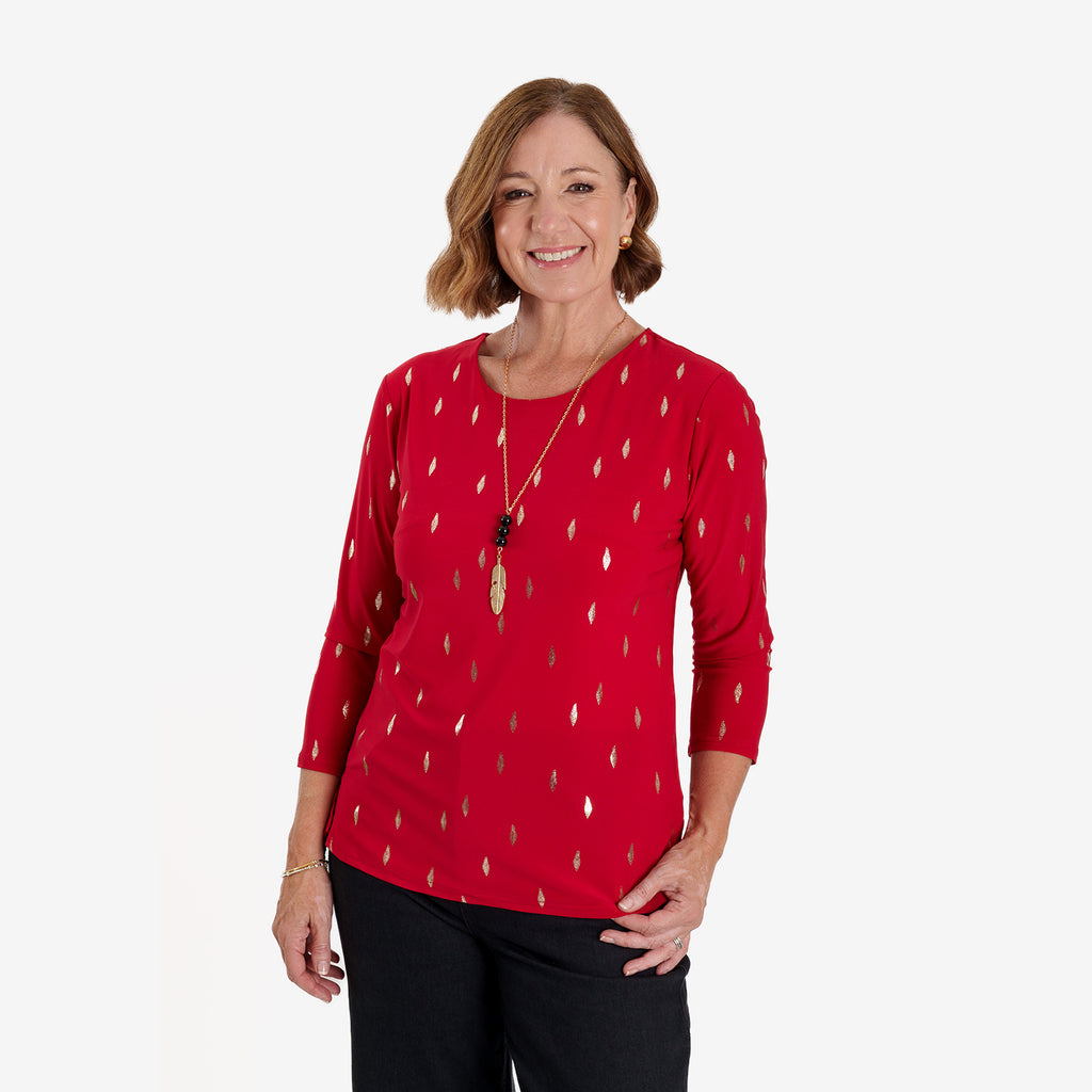 Anonymous Luxe Collection: Gold Leaf Foil-Printed Long Sleeve Top with Gold Necklace (Size L, 16-18) - Red_8704833