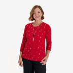 Anonymous Luxe Collection: Gold Leaf Foil-Printed Long Sleeve Top with Gold Necklace (Size L, 16-18) - Red_8704833