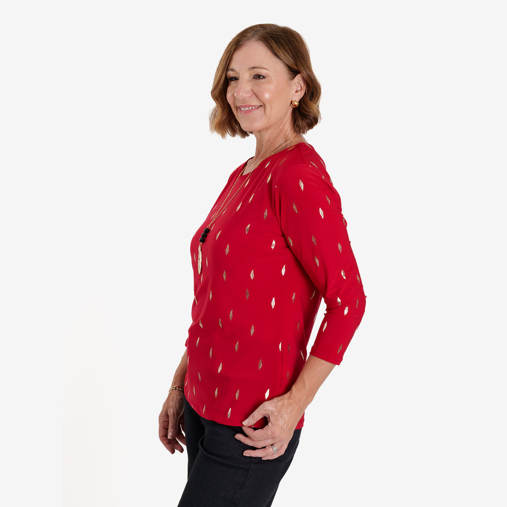 Anonymous Luxe Collection: Gold Leaf Foil-Printed Long Sleeve Top with Gold Necklace (Size L, 16-18) - Red_8704833_1