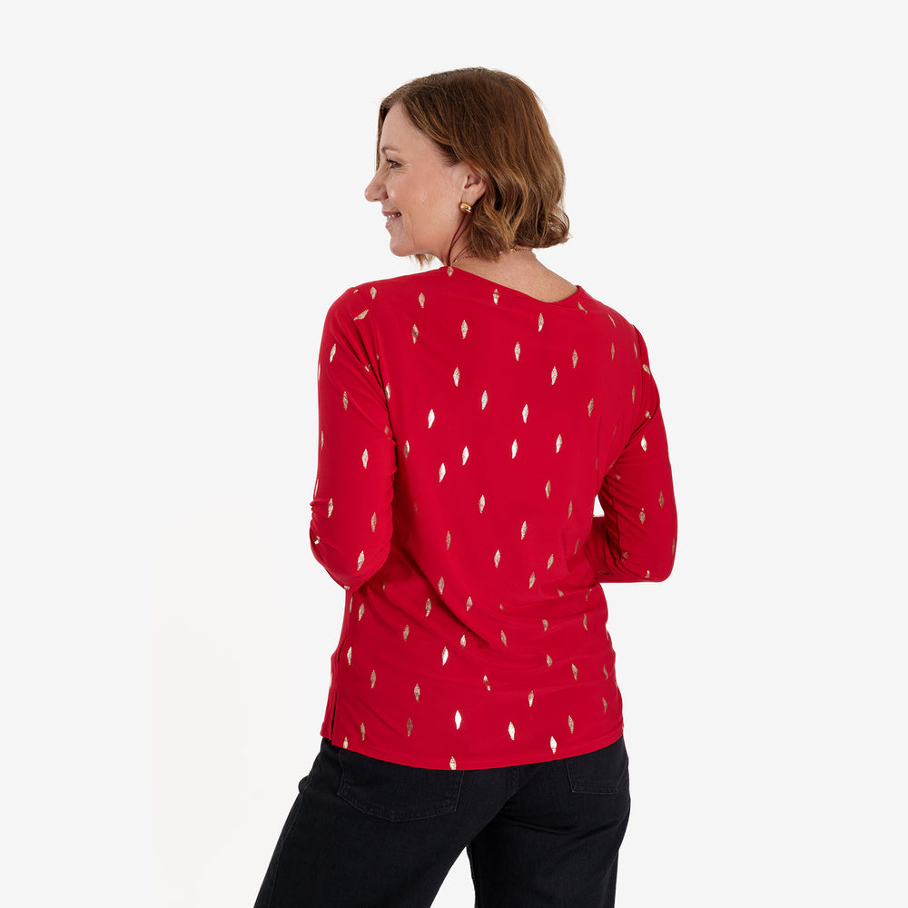 Anonymous Luxe Collection: Gold Leaf Foil-Printed Long Sleeve Top with Gold Necklace (Size L, 16-18) - Red_8704833_2