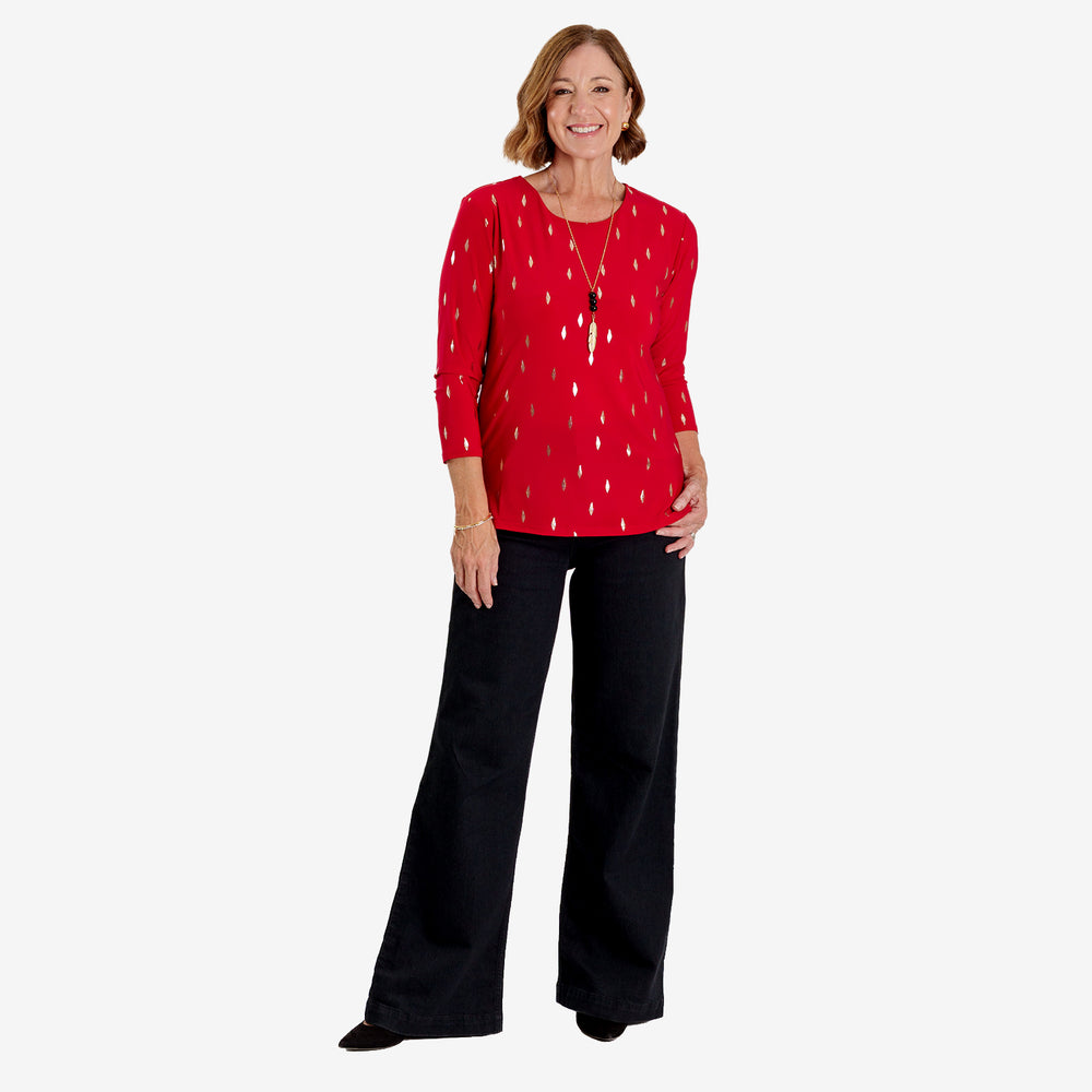 Anonymous Luxe Collection: Gold Leaf Foil-Printed Long Sleeve Top with Gold Necklace (Size L, 16-18) - Red_8704833_3