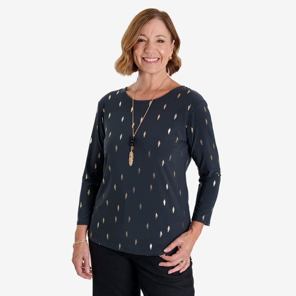 Anonymous Luxe Collection: Gold Leaf Foil-Printed Long Sleeve Top with Gold Necklace (Size L, 16-18) - Grey_8704837