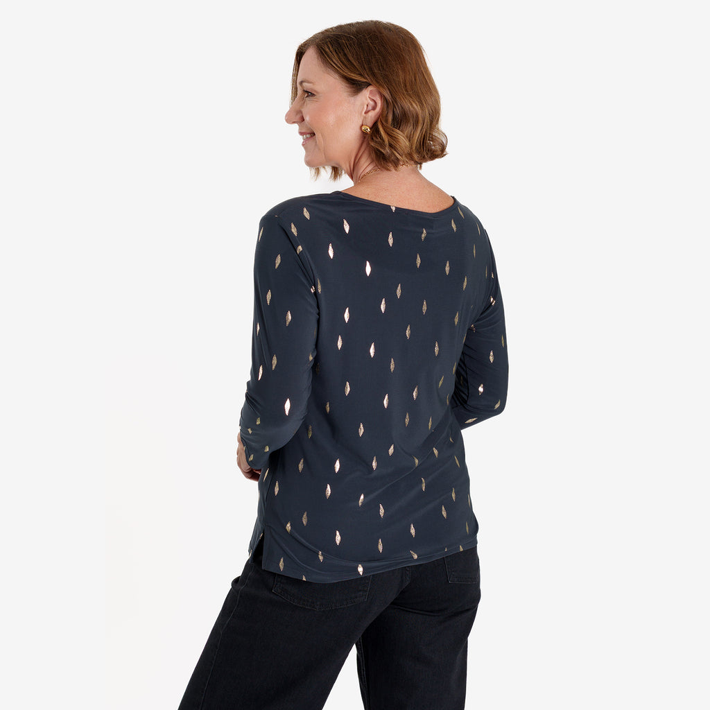 Anonymous Luxe Collection: Gold Leaf Foil-Printed Long Sleeve Top with Gold Necklace (Size L, 16-18) - Grey_8704837_1