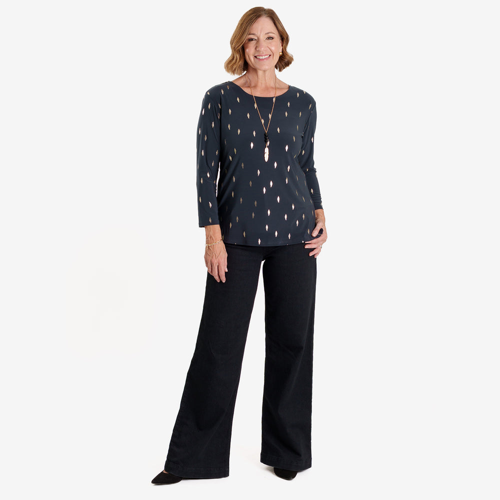 Anonymous Luxe Collection: Gold Leaf Foil-Printed Long Sleeve Top with Gold Necklace (Size L, 16-18) - Grey_8704837_3