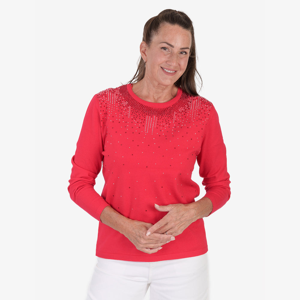 Anonymous Diamante Studded Neckline Jumper  (Size L, 16-18) - Red_8705783