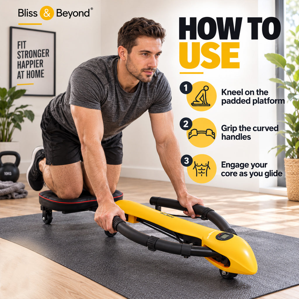 "Bliss & Beyond Abdominal Machine                Colour: Black + Yellow                                 Material: Iron block+ABS+TPE Weight: 7.1KG                                                Produc_8708681_2
