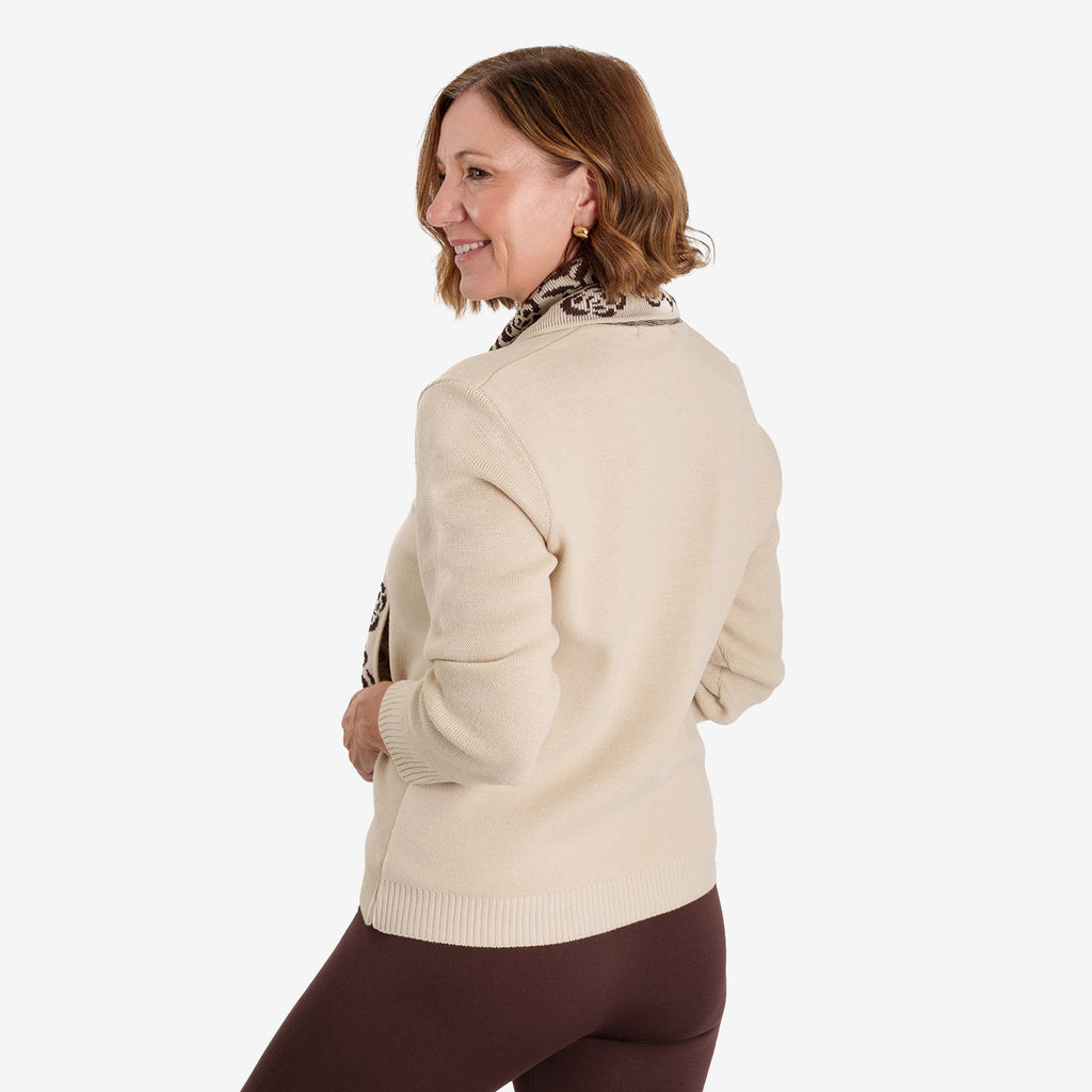 Ladies Long Sleeve Knit Jumper With Integrated Printed Scarf (Size M, 12-14) - Light Beige_8711148_2