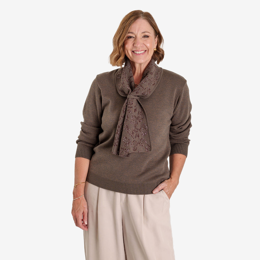 Ladies Long Sleeve Knit Jumper With Integrated Printed Scarf (Size S, 8-10) - Brown_8711161