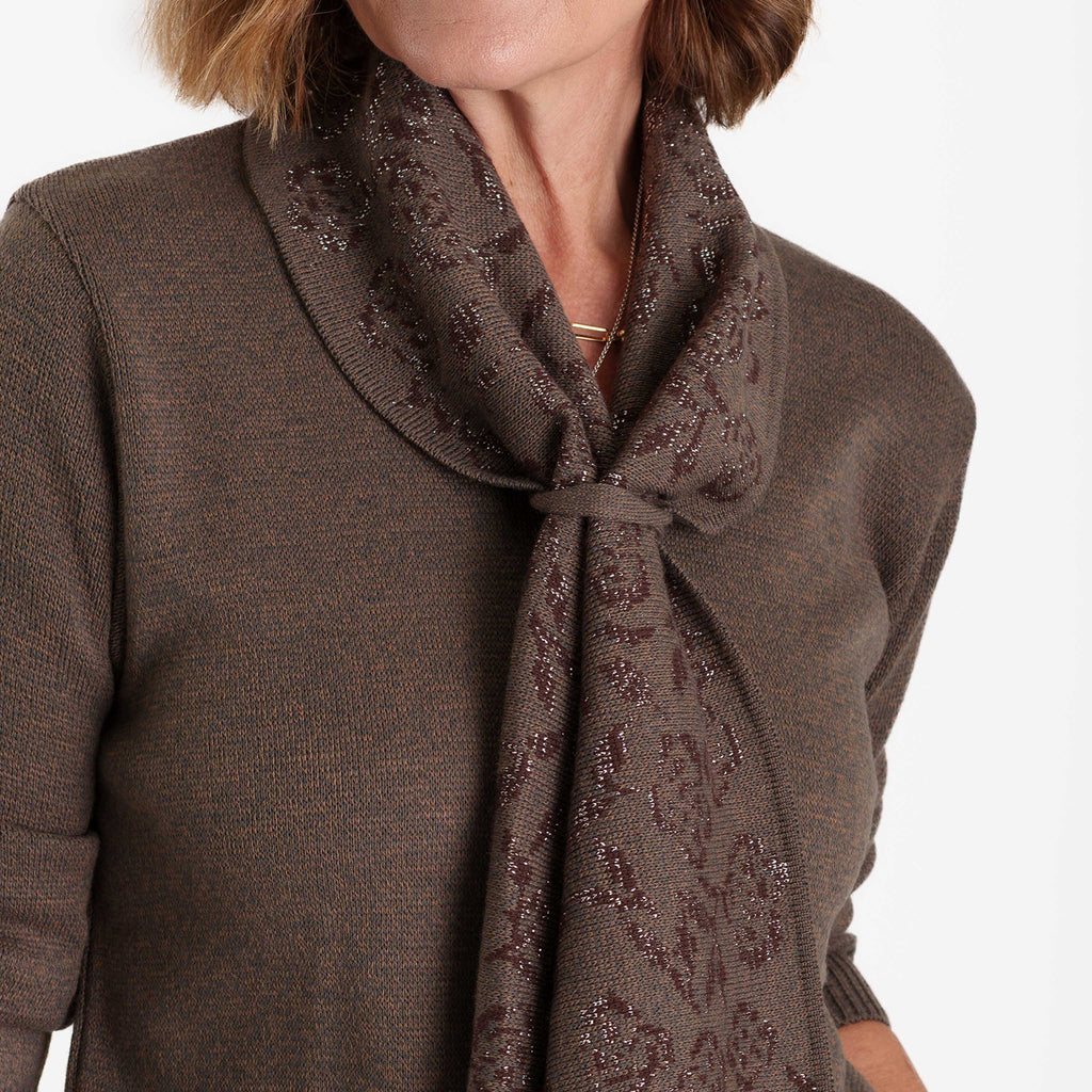 Ladies Long Sleeve Knit Jumper With Integrated Printed Scarf (Size S, 8-10) - Brown_8711161_2