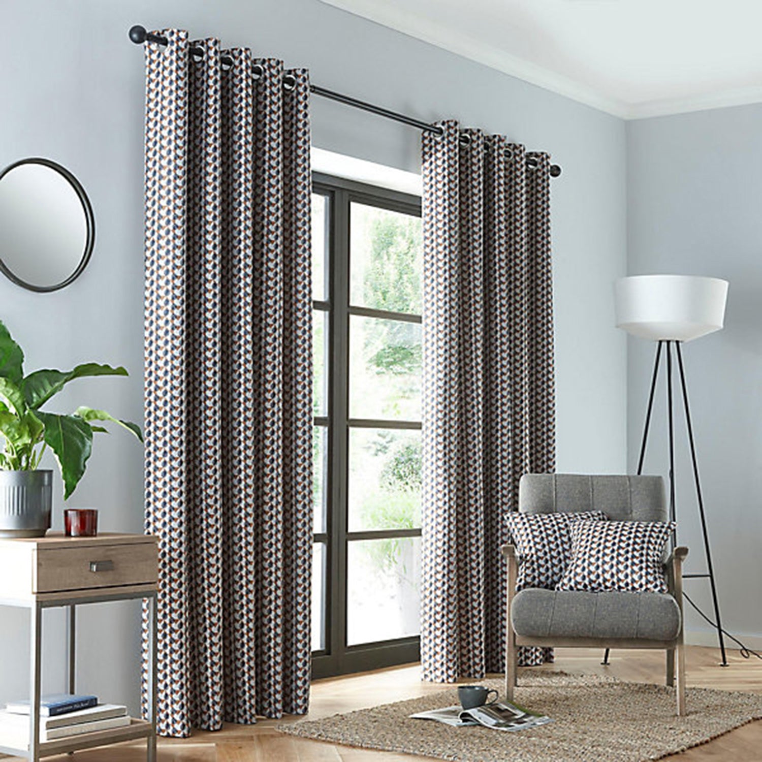 Prado Patterned Lined Curtains (66 x 54 Inch) - Grey & Terracotta_8711431