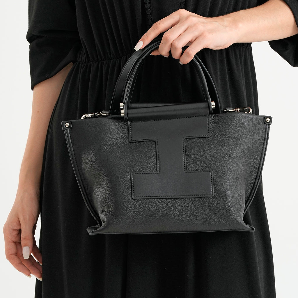 Genuine Leather Top Handle Tote Shoulder Bag - Black_8713294_2
