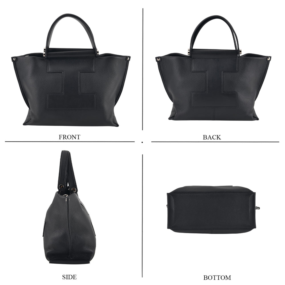 Genuine Leather Top Handle Tote Shoulder Bag - Black_8713294_3