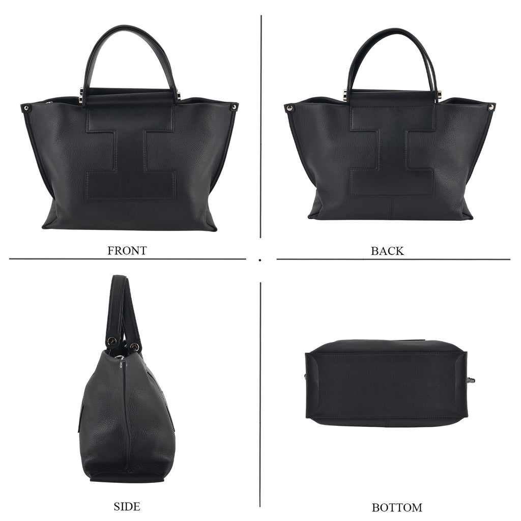 Genuine Leather Top Handle Tote Shoulder Bag - Black_8713294_3