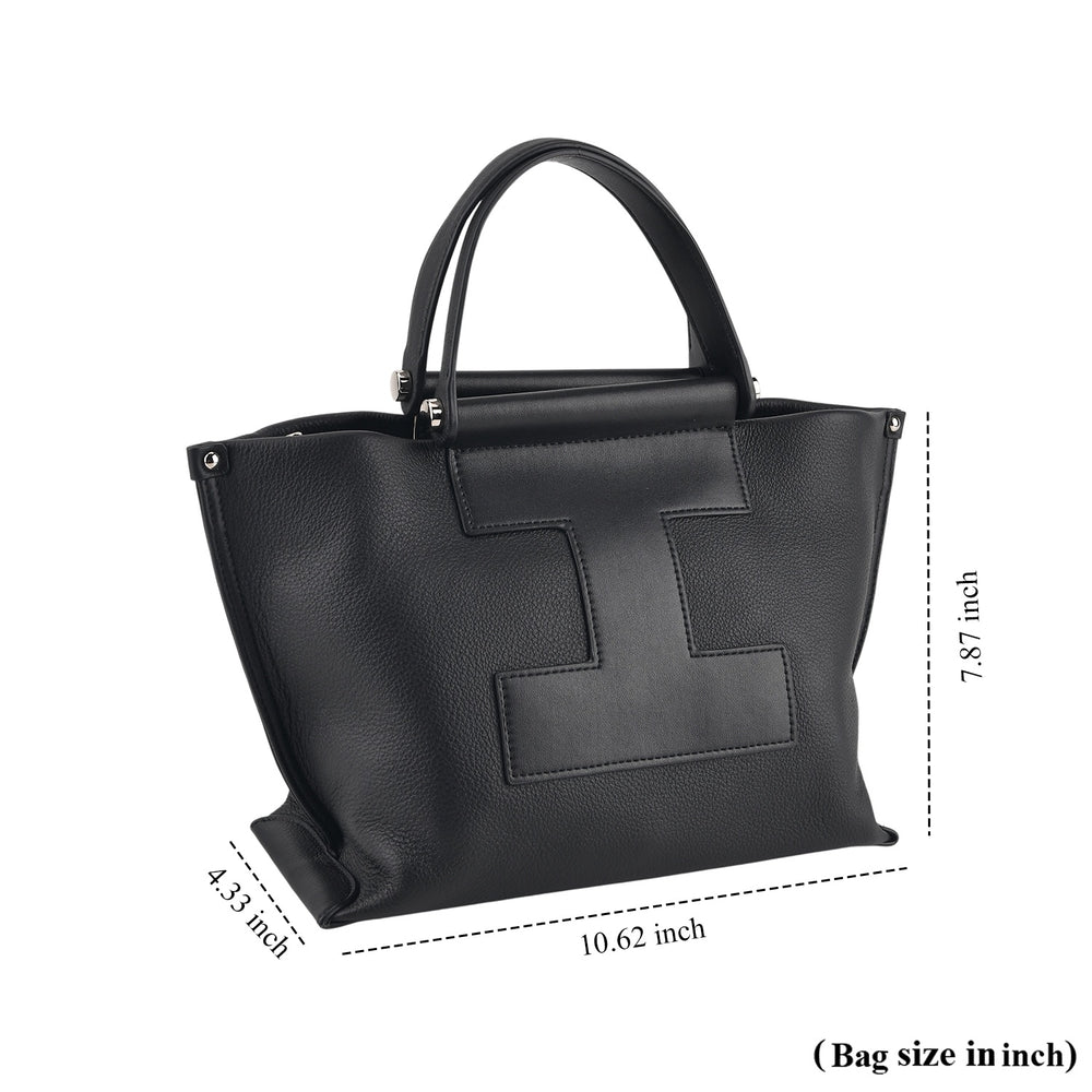 Genuine Leather Top Handle Tote Shoulder Bag - Black_8713294_5