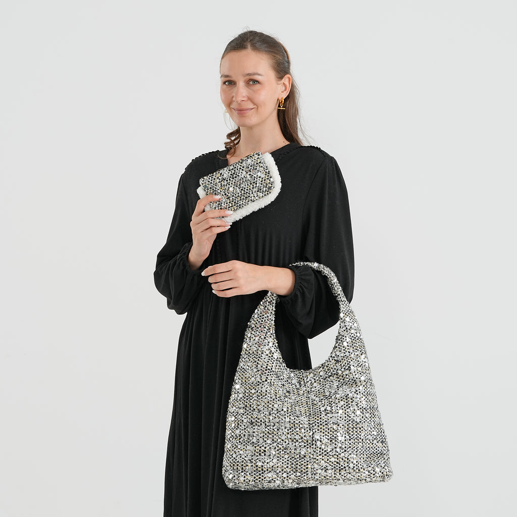 Patterned Tote Bag (Size 39x29x12 cm) - Silver_8735596_1