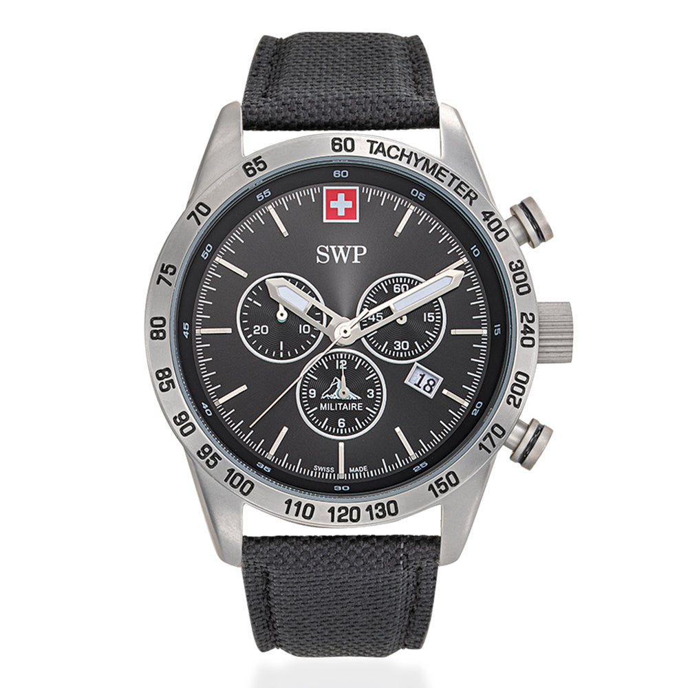 Gents SWP Swiss Militaire Ben-Hur Swiss Ronda Z60 Watch with a Black Dial and a Black Leather Strap Strap in a 43mm Silver Stainless Steel Case with 10ATM of water resistance._8741541