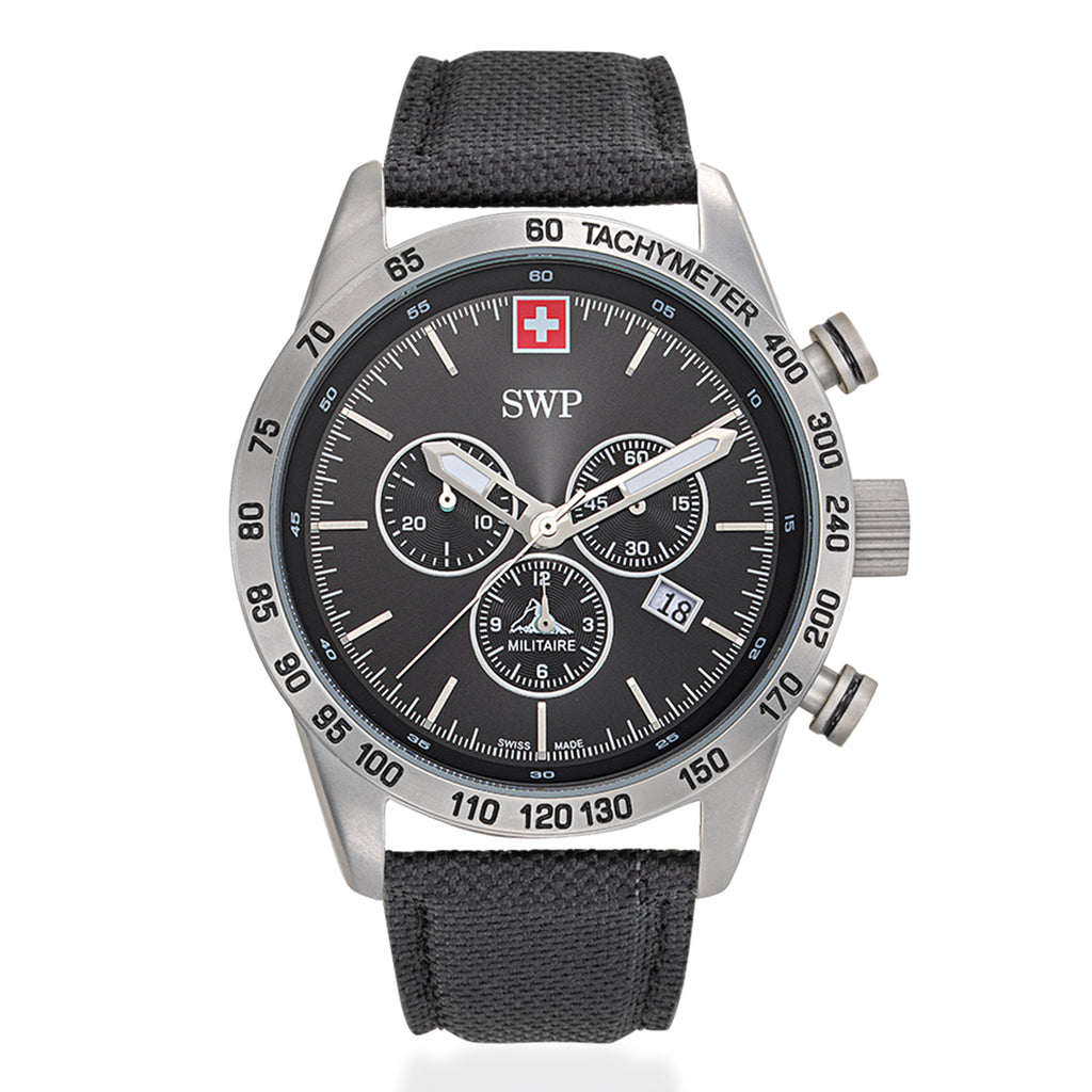Gents SWP Swiss Militaire Ben-Hur Swiss Ronda Z60 Watch with a Black Dial and a Black Leather Strap Strap in a 43mm Silver Stainless Steel Case with 10ATM of water resistance._8741541