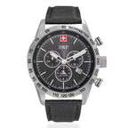 Gents SWP Swiss Militaire Ben-Hur Swiss Ronda Z60 Watch with a Black Dial and a Black Leather Strap Strap in a 43mm Silver Stainless Steel Case with 10ATM of water resistance._8741541
