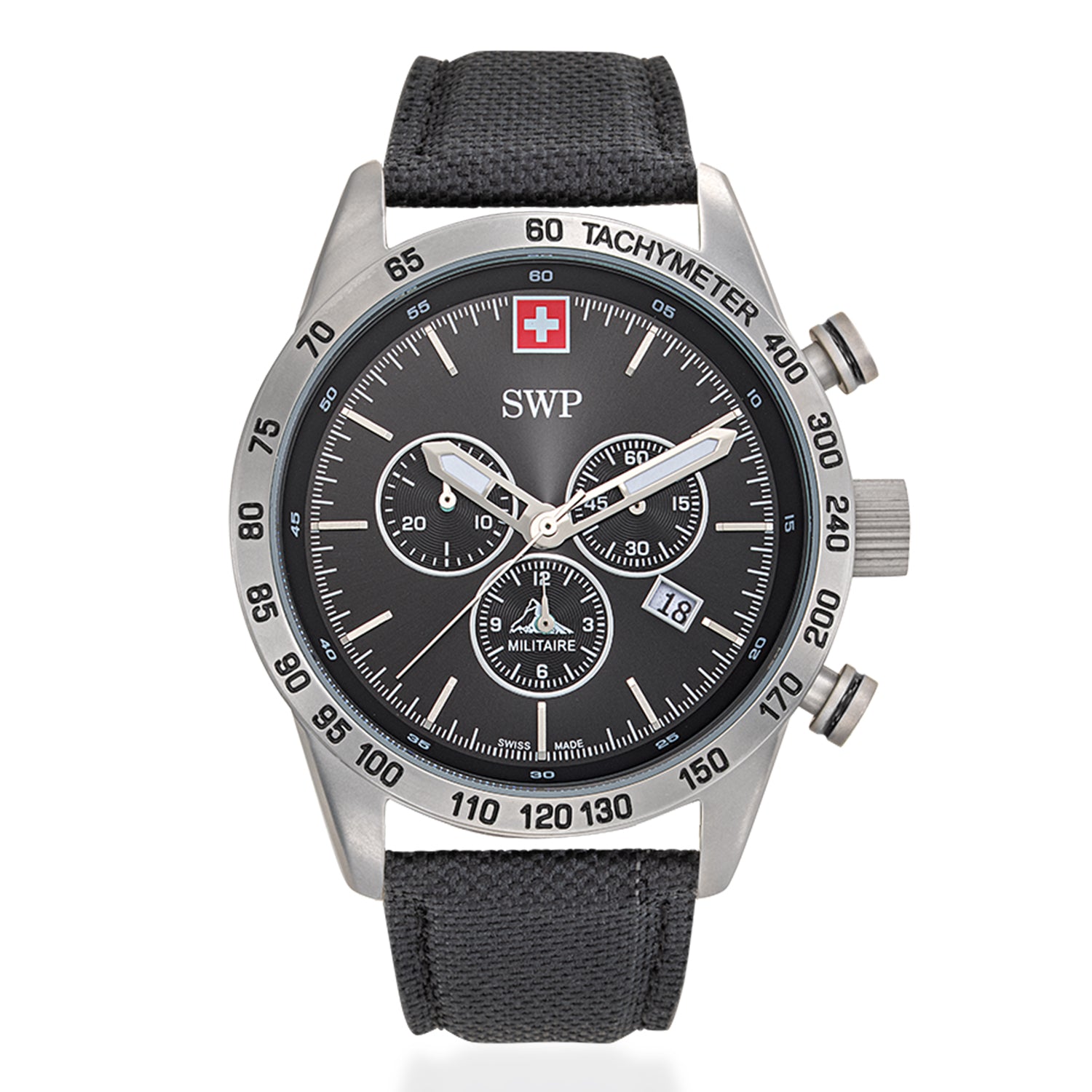 Gents SWP Swiss Militaire Ben-Hur Swiss Ronda Z60 Watch with a Black Dial and a Black Leather Strap Strap in a 43mm Silver Stainless Steel Case with 10ATM of water resistance._8741541