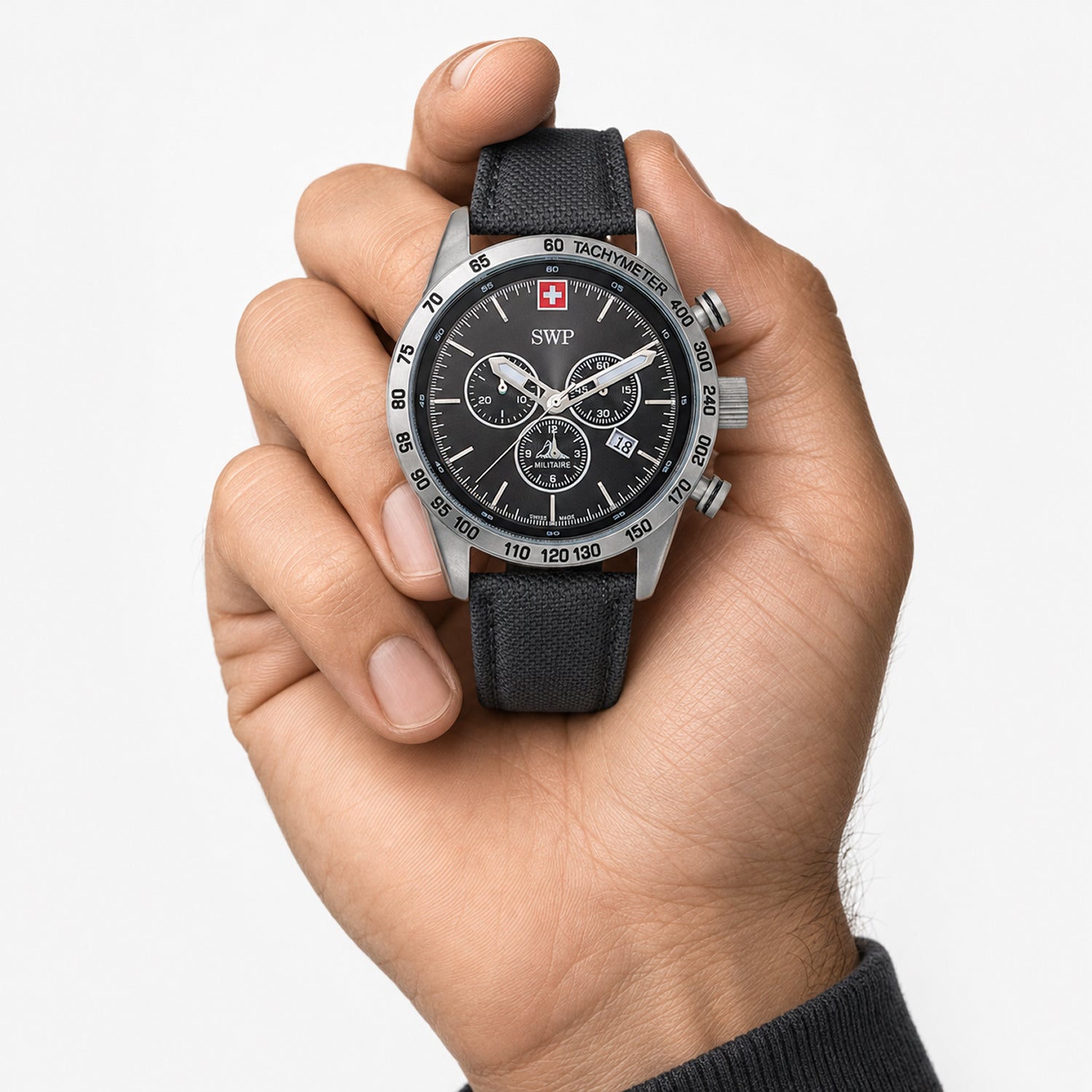 Gents SWP Swiss Militaire Ben-Hur Swiss Ronda Z60 Watch with a Black Dial and a Black Leather Strap Strap in a 43mm Silver Stainless Steel Case with 10ATM of water resistance._8741541_2