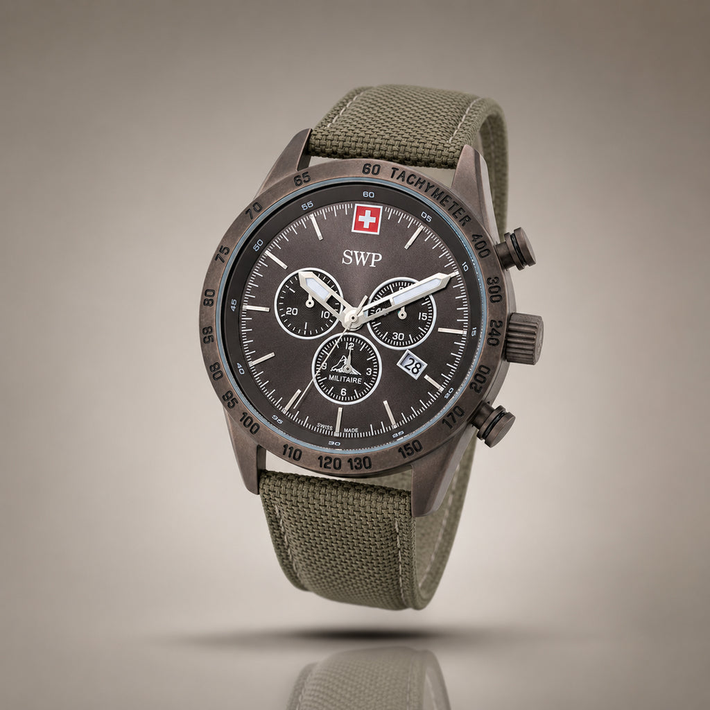 Gents SWP Swiss Militaire Ben-Hur Swiss Ronda Z60 Watch with a Black Dial and a Khaki Leather Strap Strap in a 43mm Gunmetal Stainless Steel Case with 10ATM of water resistance._8741544