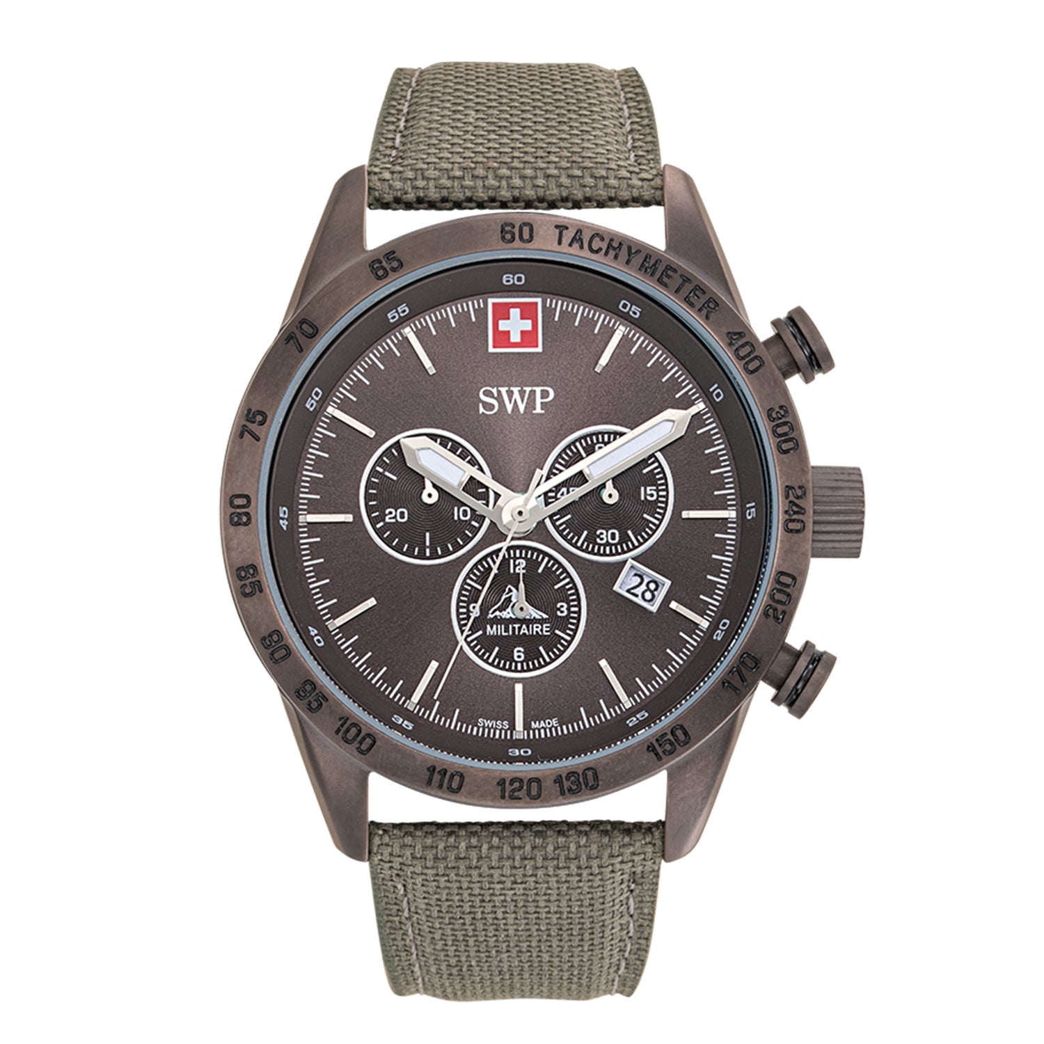 Gents SWP Swiss Militaire Ben-Hur Swiss Ronda Z60 Watch with a Black Dial and a Khaki Leather Strap Strap in a 43mm Gunmetal Stainless Steel Case with 10ATM of water resistance._8741544