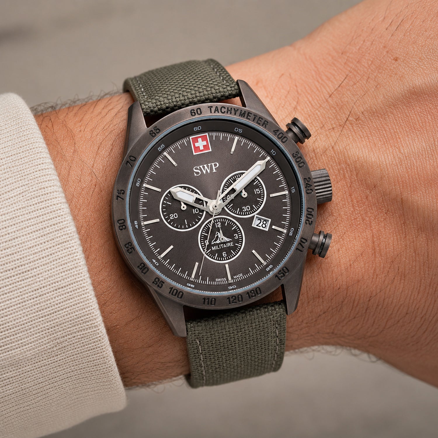 Gents SWP Swiss Militaire Ben-Hur Swiss Ronda Z60 Watch with a Black Dial and a Khaki Leather Strap Strap in a 43mm Gunmetal Stainless Steel Case with 10ATM of water resistance._8741544_1