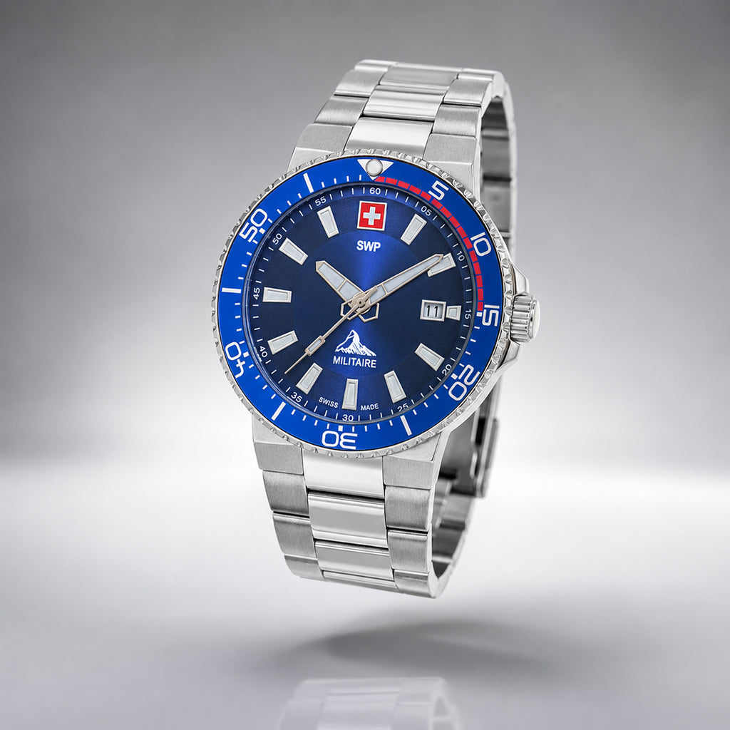 Gents SWP Swiss Militaire Ascona Swiss Ronda 515 Watch with a Blue Dial and a Silver Stainless Steel Strap in a 43mm Silver Stainless Steel Case with 5ATM of water resistance._8741557