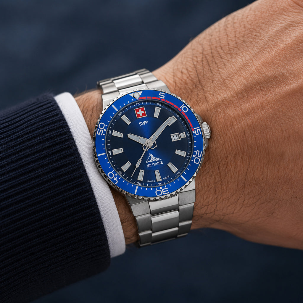 Gents SWP Swiss Militaire Ascona Swiss Ronda 515 Watch with a Blue Dial and a Silver Stainless Steel Strap in a 43mm Silver Stainless Steel Case with 5ATM of water resistance._8741557_1
