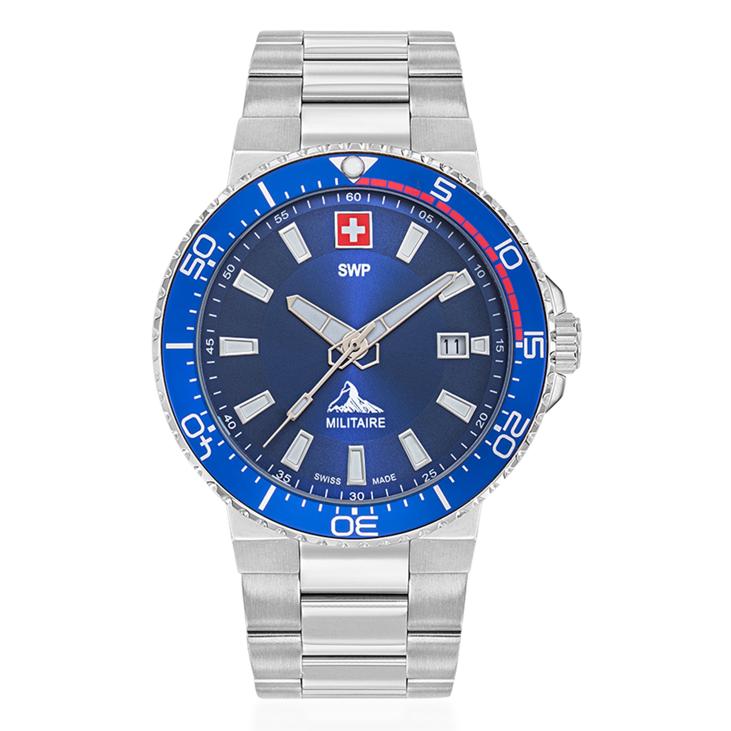 Gents SWP Swiss Militaire Ascona Swiss Ronda 515 Watch with a Blue Dial and a Silver Stainless Steel Strap in a 43mm Silver Stainless Steel Case with 5ATM of water resistance._8741557_2