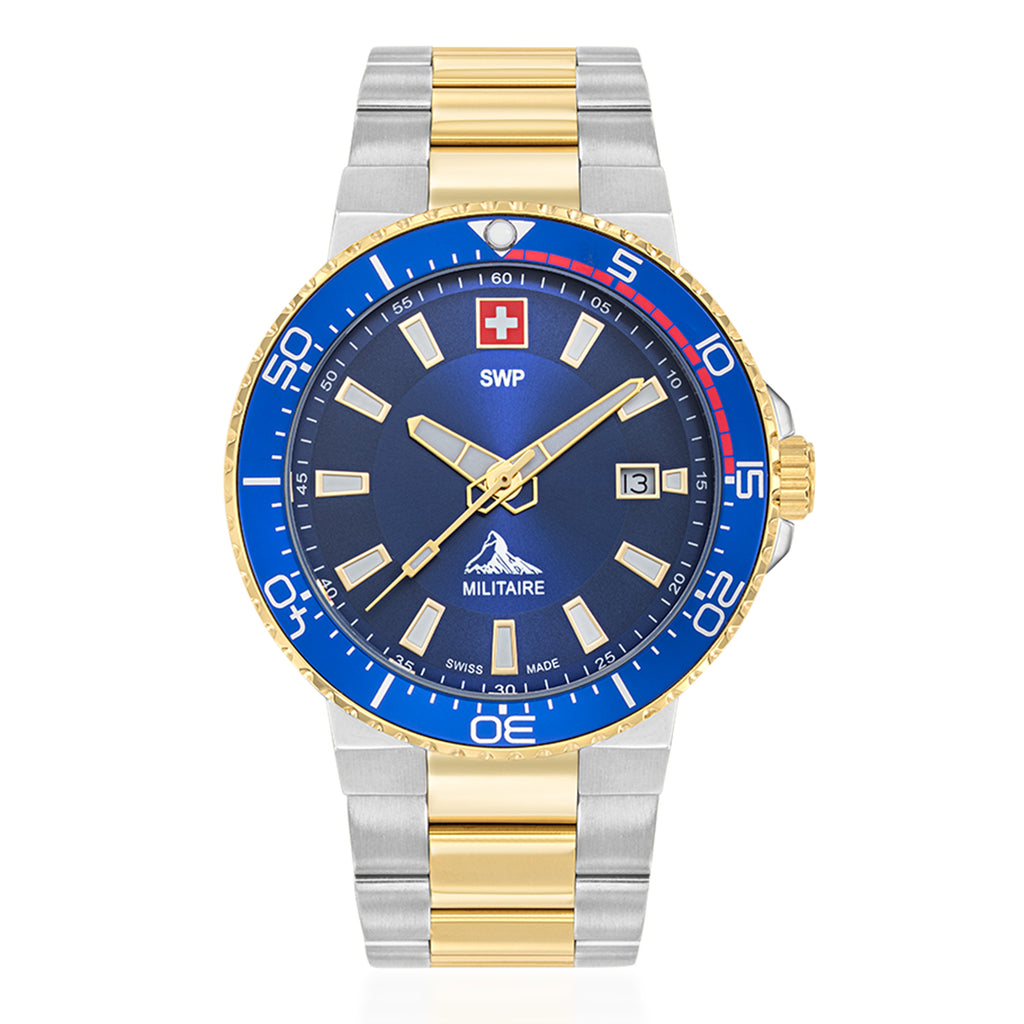 Gents SWP Swiss Militaire Ascona Swiss Ronda 515 Watch with a Blue Dial and a Silver and Gold Stainless Steel Strap in a 43mm Silver and Gold Stainless Steel Case with 5ATM of water resistance._8741560_2