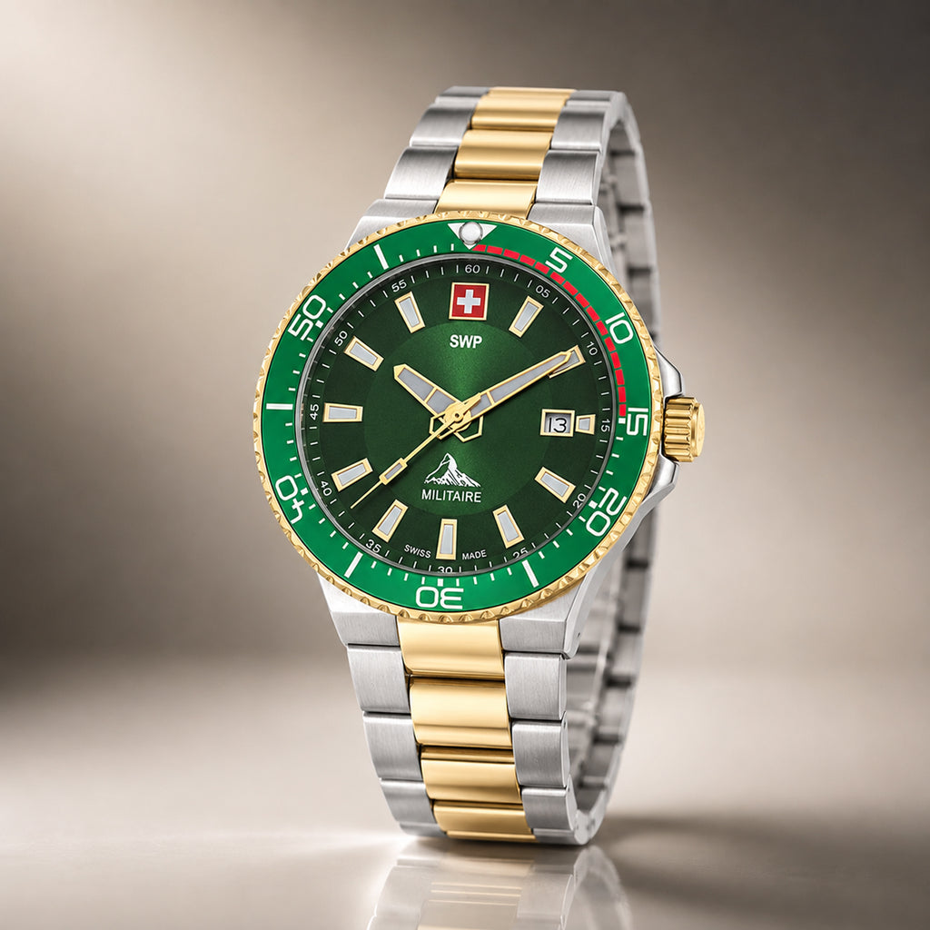 SWP Swiss Militaire Ascona Swiss Ronda 515 Watch with a Green Dial and a Silver and Gold Stainless Steel Strap in a 43mm Silver and Gold Stainless Steel Case with 5 ATM H986BV_8741566