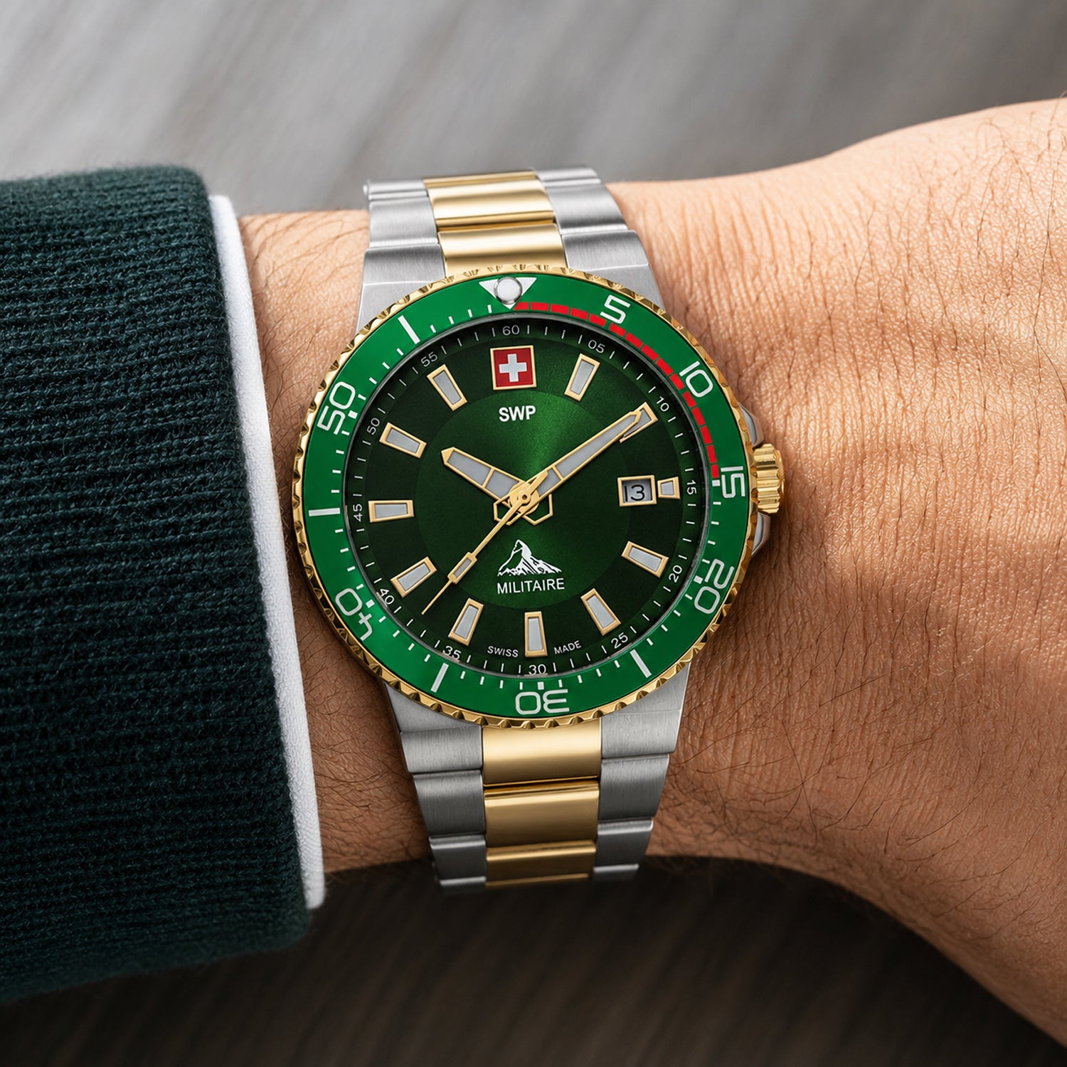 SWP Swiss Militaire Ascona Swiss Ronda 515 Watch with a Green Dial and a Silver and Gold Stainless Steel Strap in a 43mm Silver and Gold Stainless Steel Case with 5 ATM H986BV_8741566_1