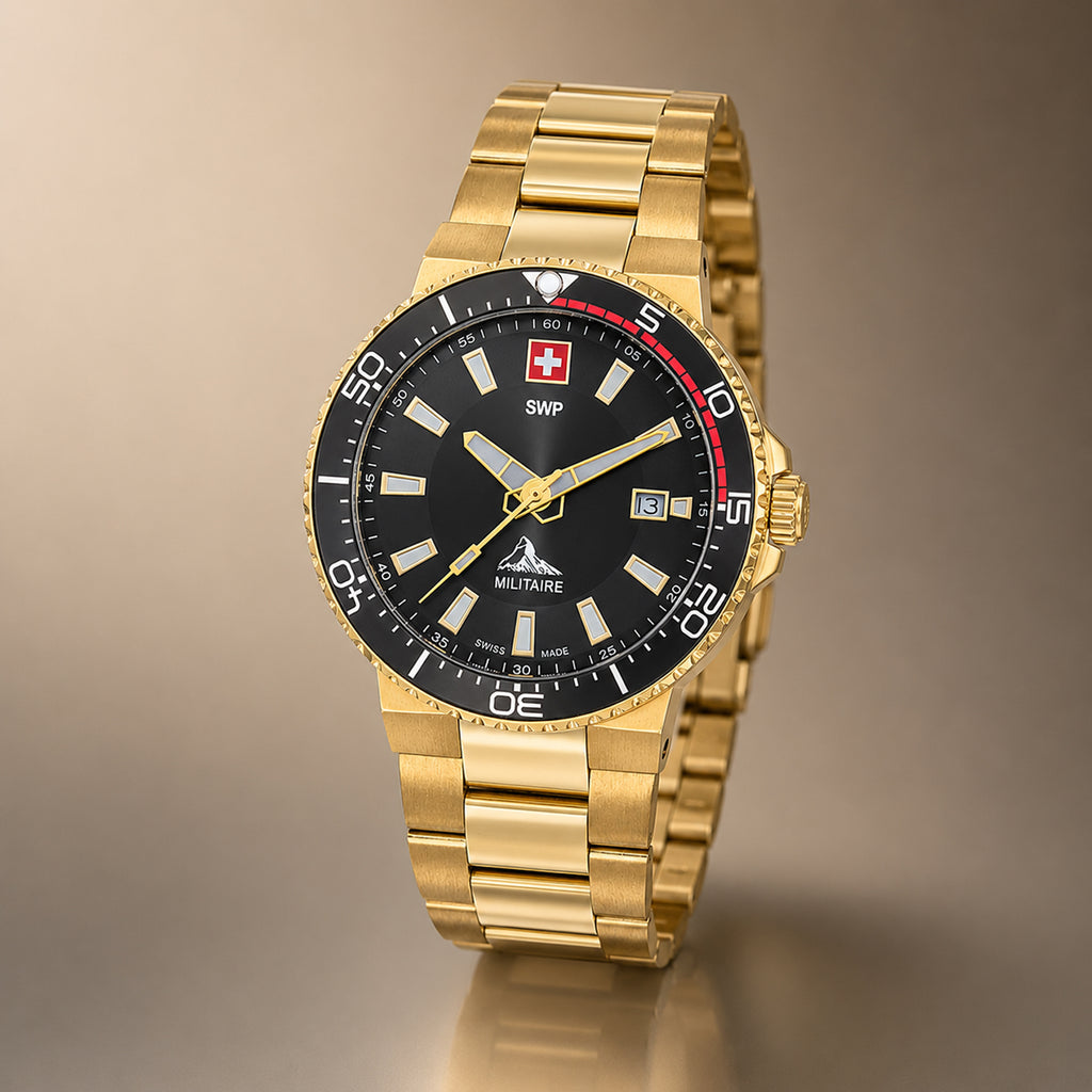 SWP Swiss Militaire Ascona Swiss Ronda 515 Watch with a Black Dial and a Gold Stainless Steel Strap in a 43mm Gold Stainless Steel Case with 5 ATM H986PN_8741567