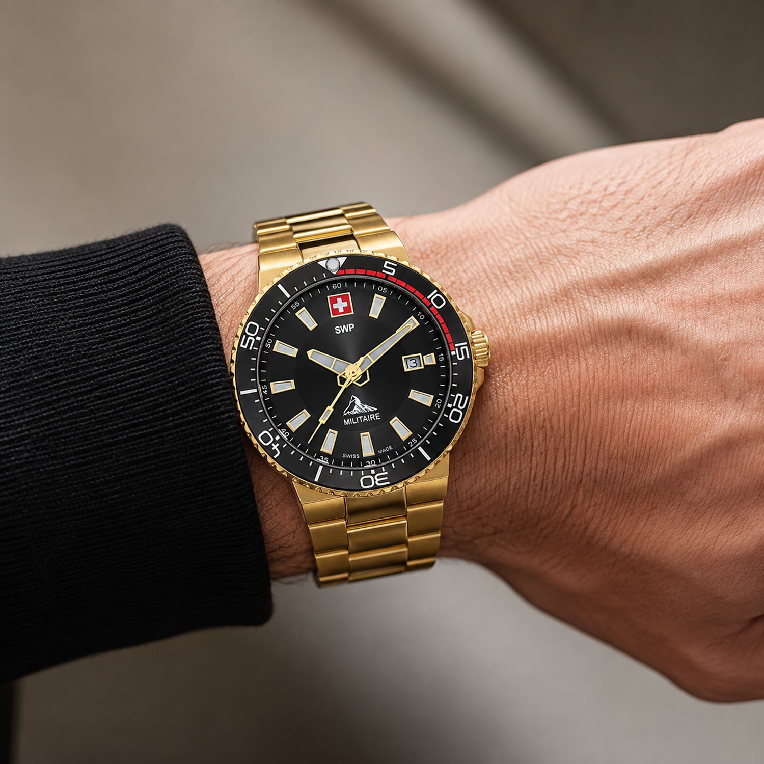 SWP Swiss Militaire Ascona Swiss Ronda 515 Watch with a Black Dial and a Gold Stainless Steel Strap in a 43mm Gold Stainless Steel Case with 5 ATM H986PN_8741567_1