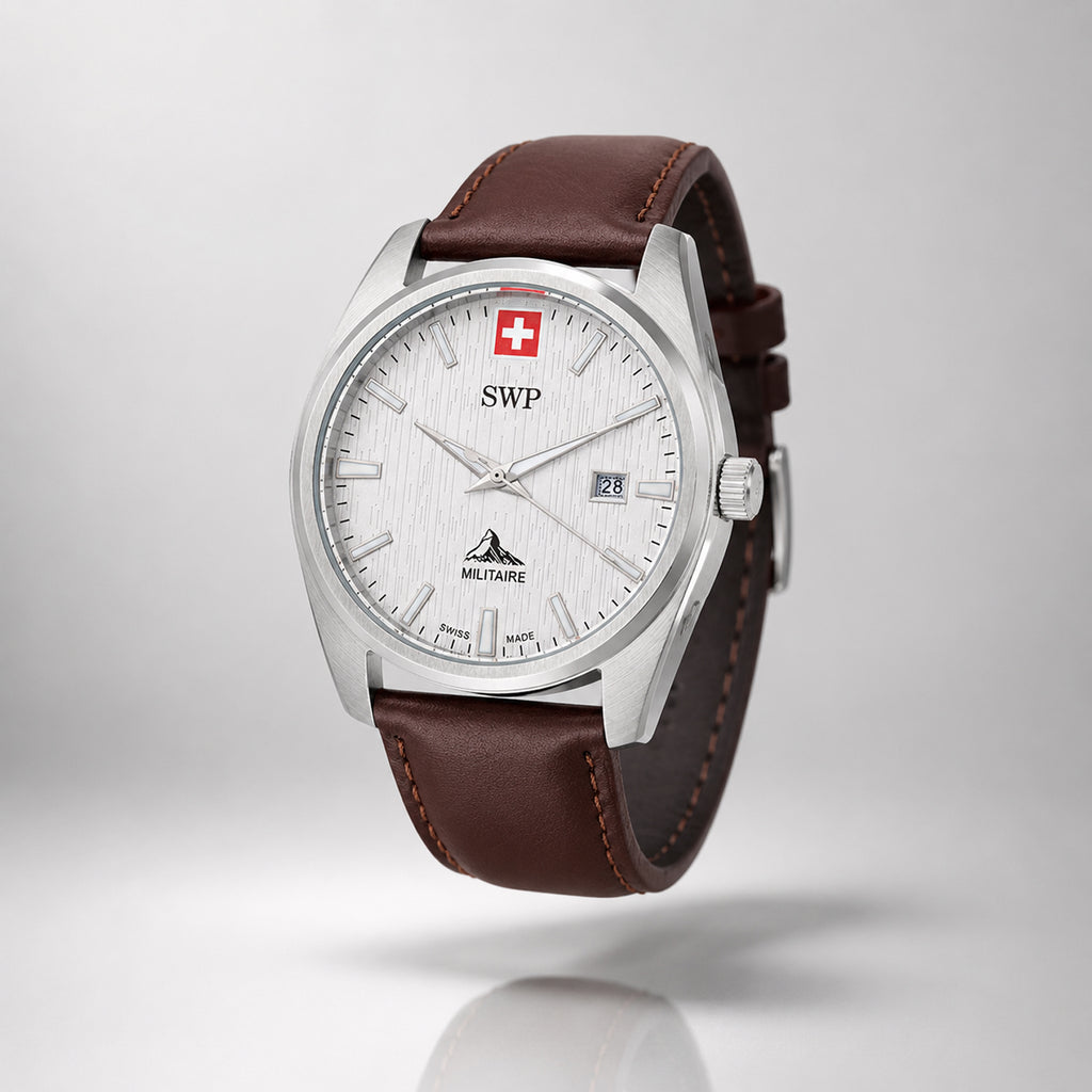 SWP Swiss Militaire Villars Swiss Ronda 515 Watch with a White Dial and a Brown Leather Strap in a 43mm Silver Stainless Steel Case with 5 ATM H226ALI_8741578