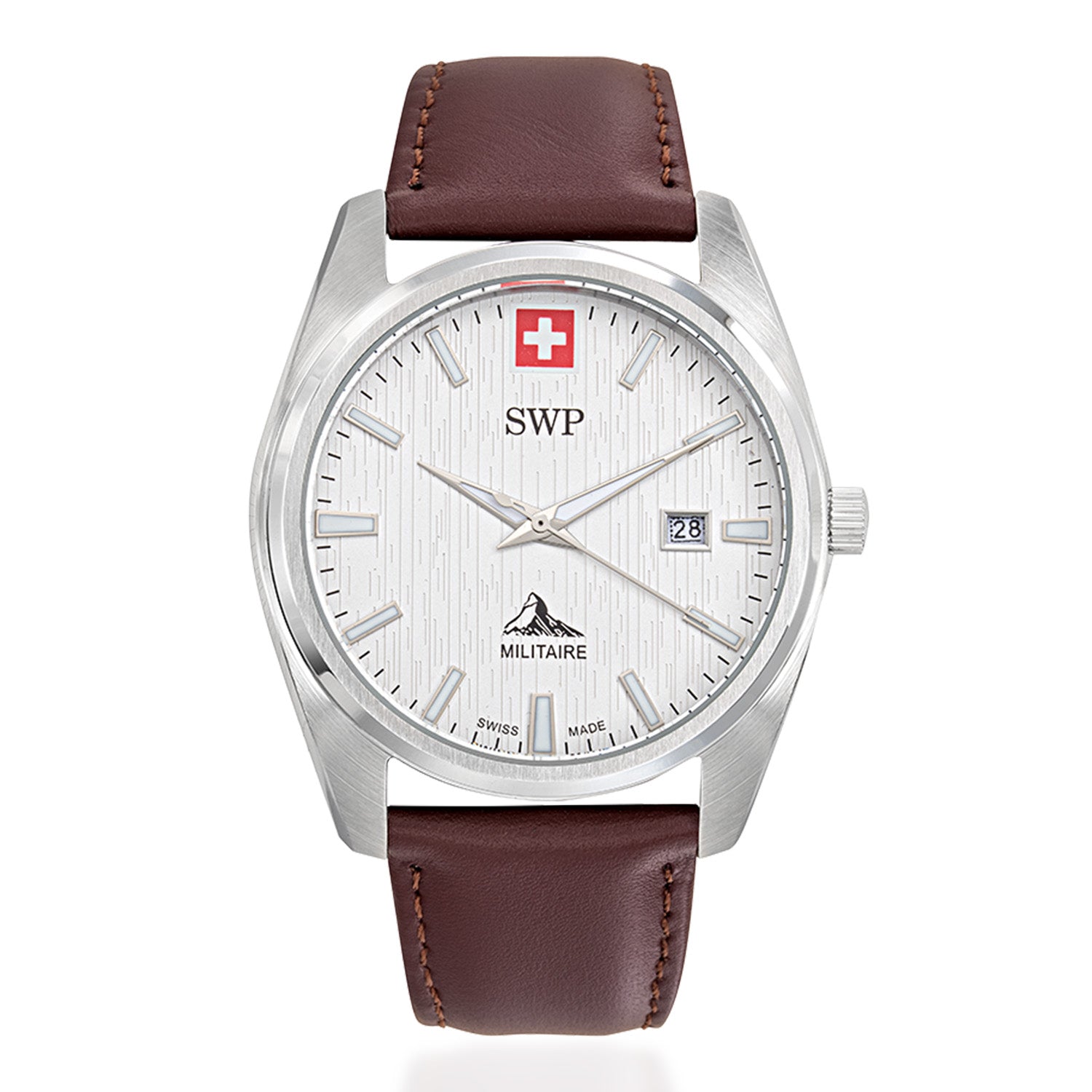 Gents SWP Swiss Militaire Villars Swiss Ronda 515 Watch with a White Dial and a Brown Leather Strap Strap in a 43mm Silver Stainless Steel Case with 5ATM of water resistance._8741578