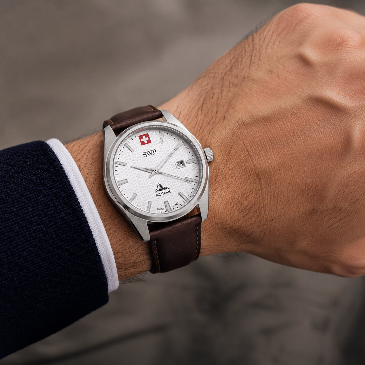 SWP Swiss Militaire Villars Swiss Ronda 515 Watch with a White Dial and a Brown Leather Strap in a 43mm Silver Stainless Steel Case with 5 ATM H226ALI_8741578_1