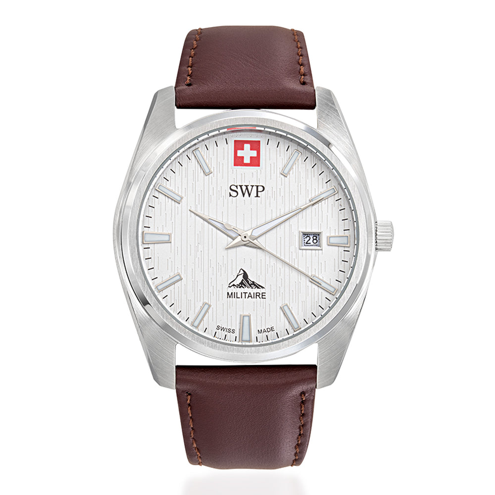 SWP Swiss Militaire Villars Swiss Ronda 515 Watch with a White Dial and a Brown Leather Strap in a 43mm Silver Stainless Steel Case with 5 ATM H226ALI_8741578_2