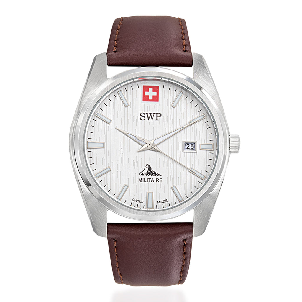 SWP Swiss Militaire Villars Swiss Ronda 515 Watch with a White Dial and a Brown Leather Strap in a 43mm Silver Stainless Steel Case with 5 ATM H226ALI_8741578_2