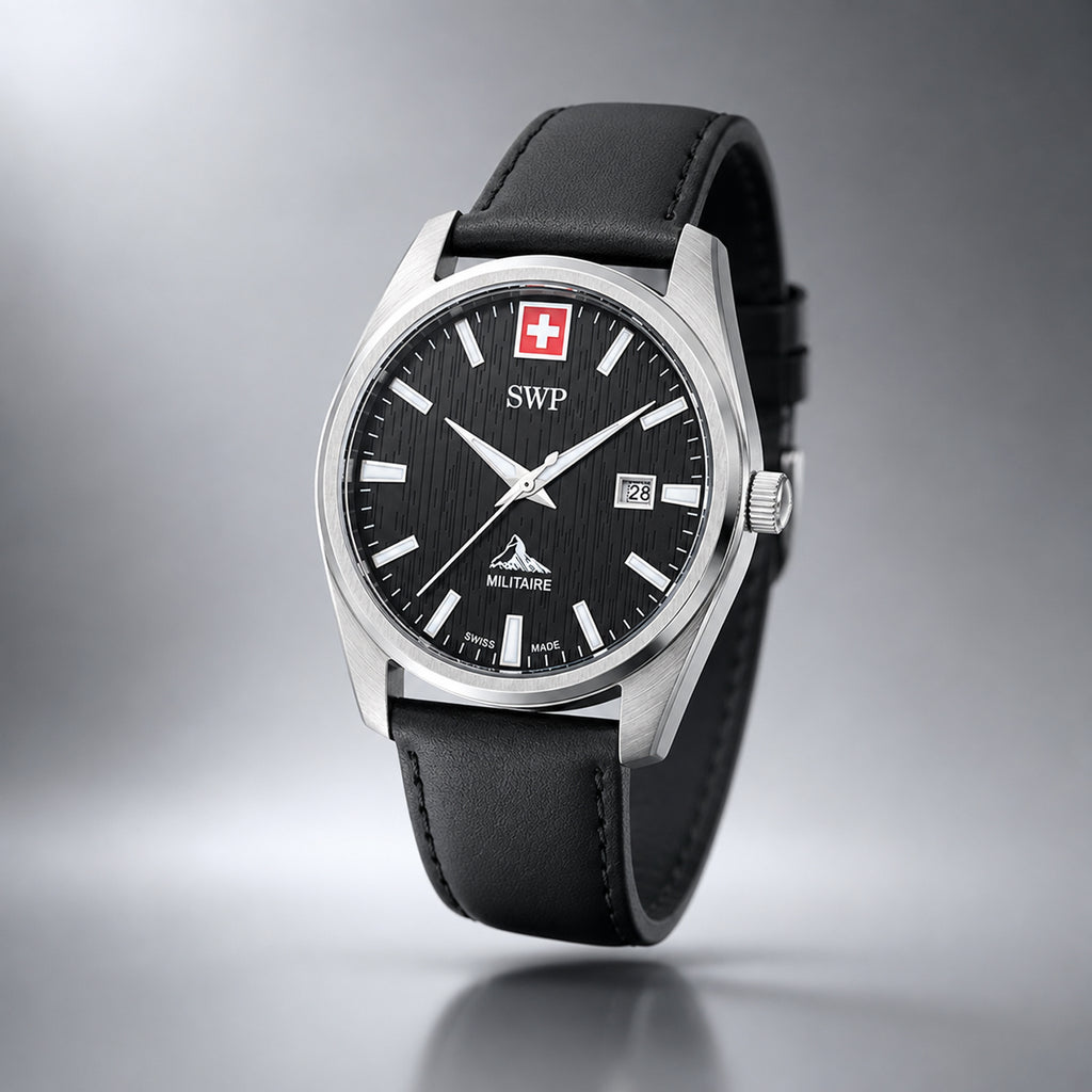 SWP Swiss Militaire Villars Swiss Ronda 515 Watch with a Black Dial and a Black Leather Strap in a 43mm Silver Stainless Steel Case with 5 ATM H226ALN_8741579