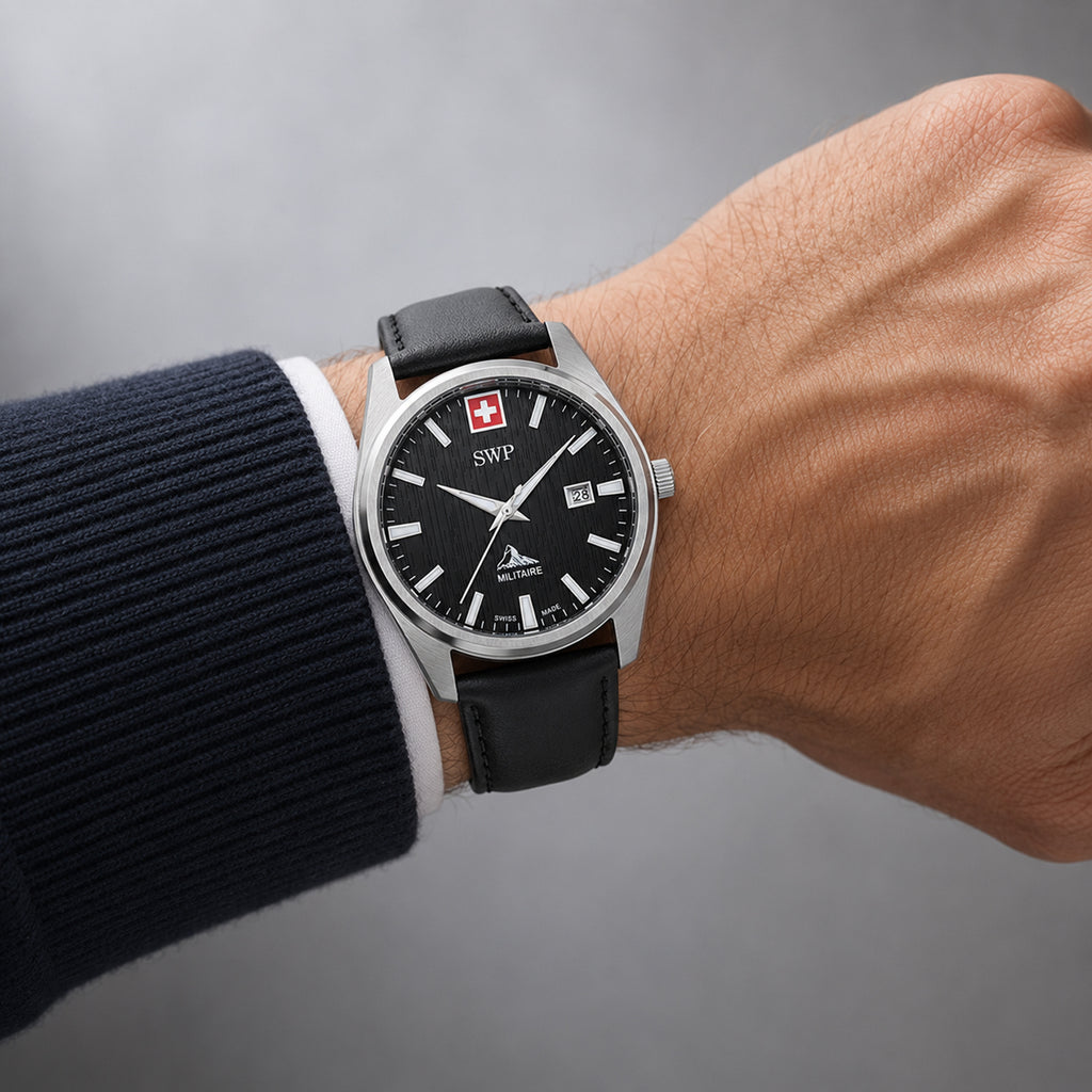 SWP Swiss Militaire Villars Swiss Ronda 515 Watch with a Black Dial and a Black Leather Strap in a 43mm Silver Stainless Steel Case with 5 ATM H226ALN_8741579_1