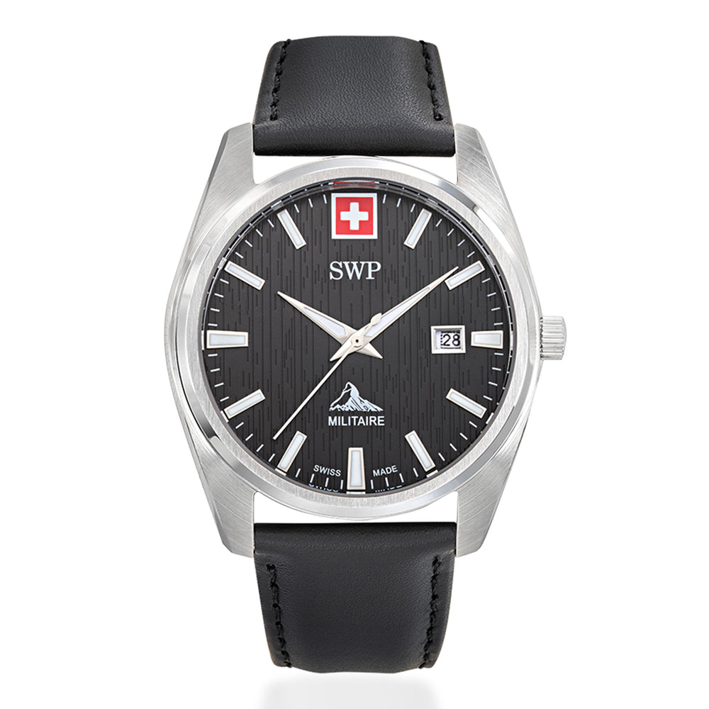 SWP Swiss Militaire Villars Swiss Ronda 515 Watch with a Black Dial and a Black Leather Strap in a 43mm Silver Stainless Steel Case with 5 ATM H226ALN_8741579_2